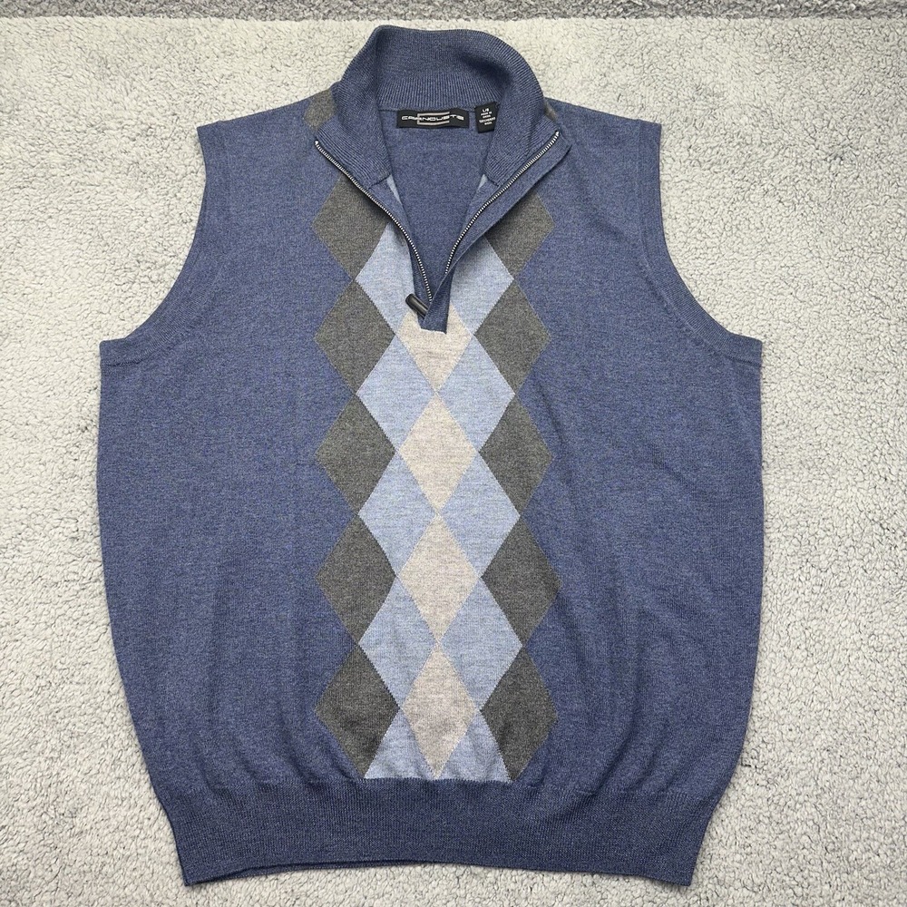 Carnoustie Men's Large 100% Merino Wool 1/4 Zip Sleeveless Argyle Sweater Vest